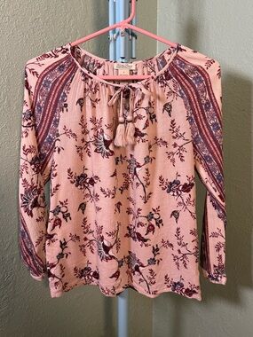 Lucky Brand Pink Floral Tassel Peasant Blouse
